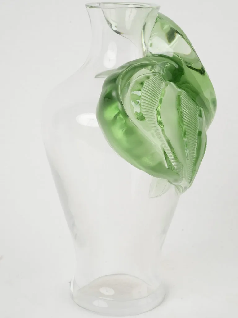 Rare Lalique |Tanega" Crystal Vase w/ Green Leaf by Marie-Claude Lalique, Circa 1989 14½"