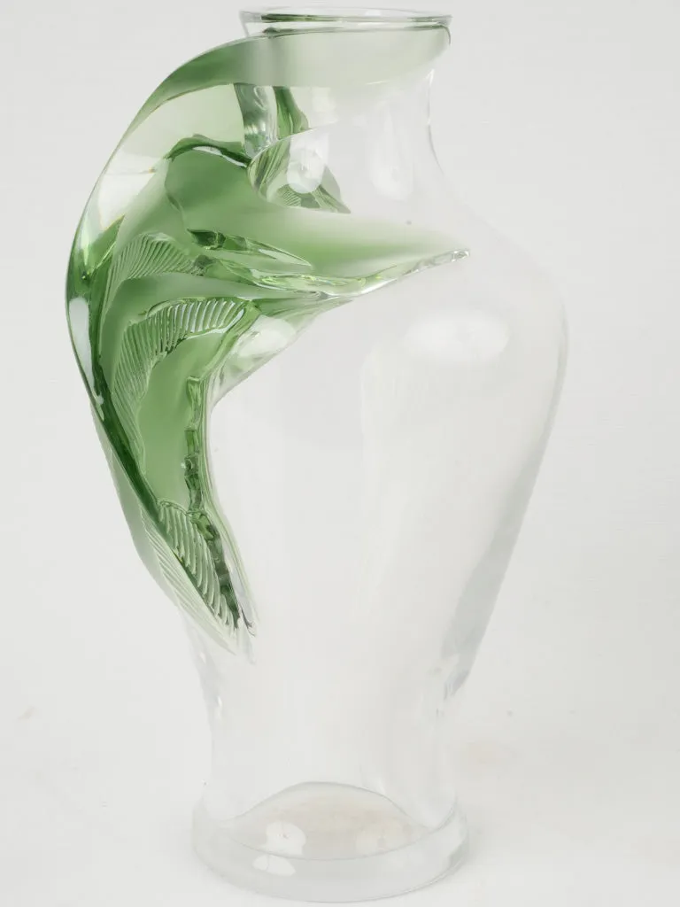 Rare Lalique |Tanega" Crystal Vase w/ Green Leaf by Marie-Claude Lalique, Circa 1989 14½"