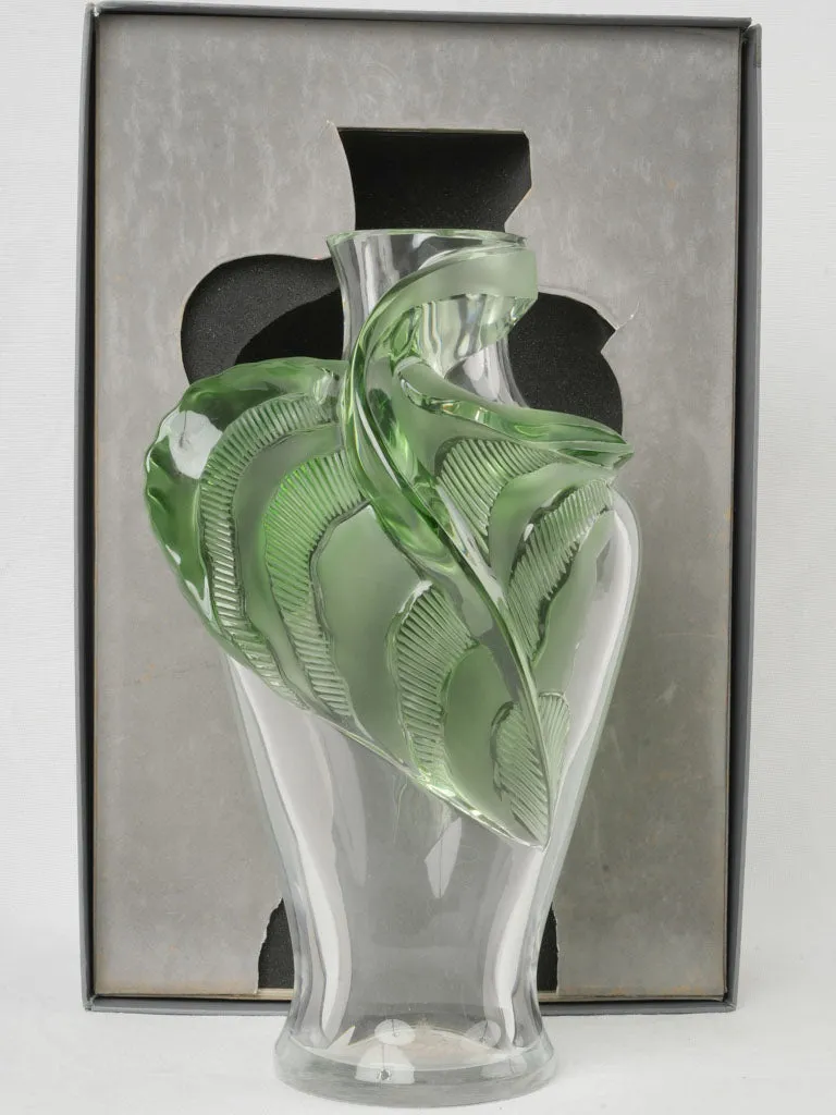 Rare Lalique |Tanega" Crystal Vase w/ Green Leaf by Marie-Claude Lalique, Circa 1989 14½"