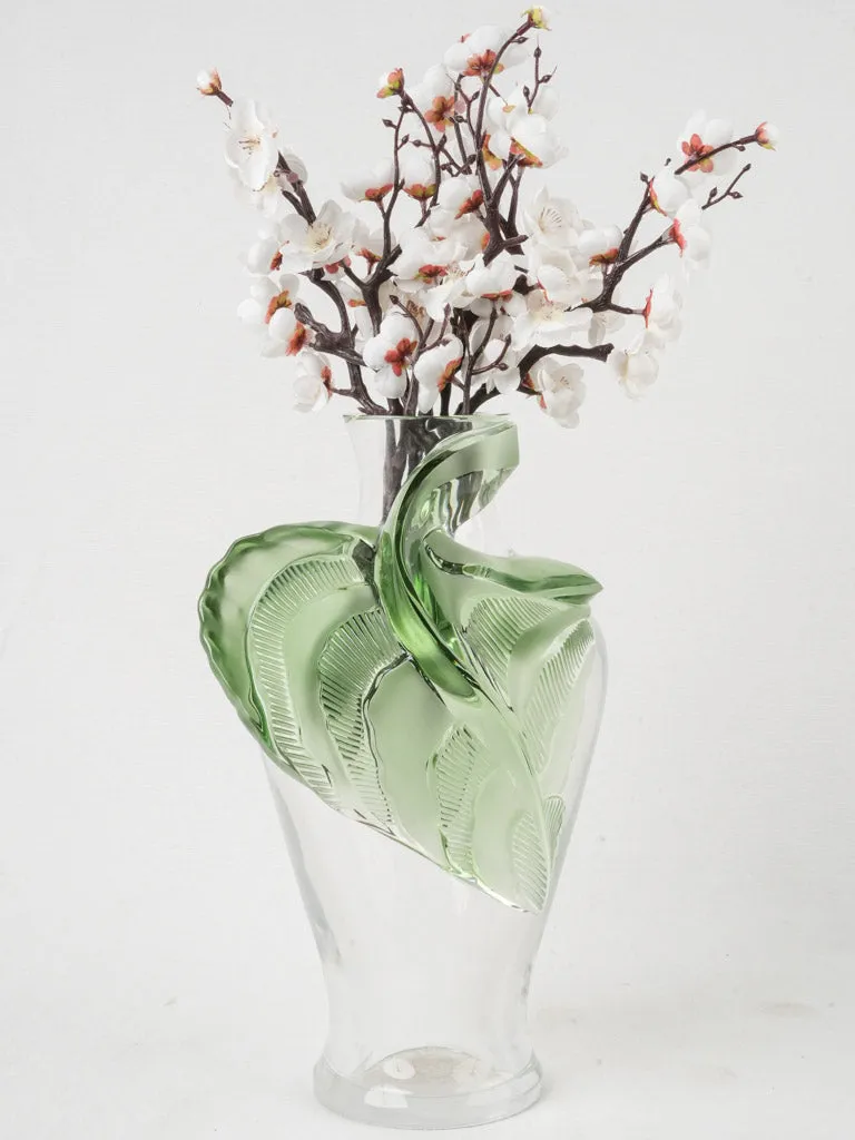 Rare Lalique |Tanega" Crystal Vase w/ Green Leaf by Marie-Claude Lalique, Circa 1989 14½"