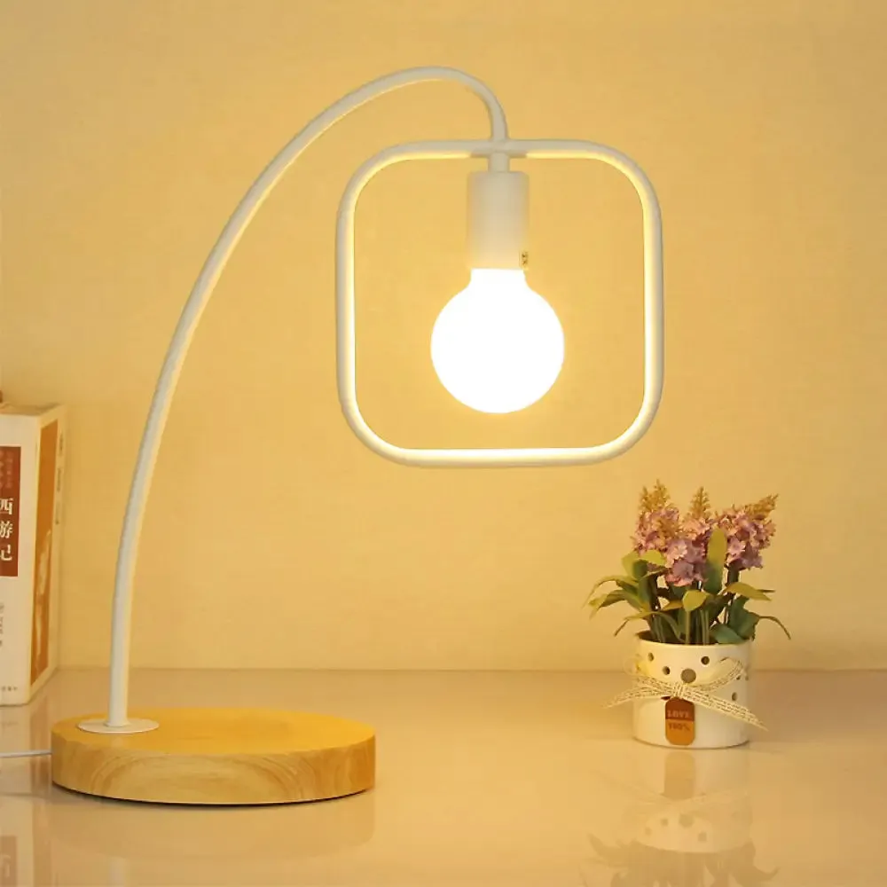 Retro Stylish Metal Table Light with Open Bulb - Frame Square Design, Bedroom Standing Light (Black/White)