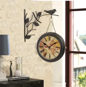 Saree House Traditional 25 CM Vintage Double Sided Antique Station Clock with Black Bird Round Metal Body (Design ANT14)
