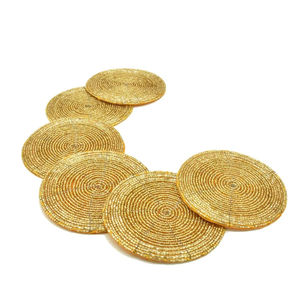 Shining Pearl Glass Beaded Hand Made 4'' Round Golden Coaster Set of 6 | Gift Item | Wedding Purpose | for Christmas Decoration