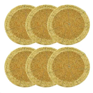 Shining Pearl Glass Beaded Hand Made 4'' Round Golden Coaster Set of 6 | Gift Item | Wedding Purpose | for Christmas Decoration