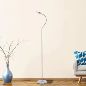 Simplicity LED Silver Floor Reading Lamp with Gooseneck Arm - Metal Ring Round Shade Stand Up Light