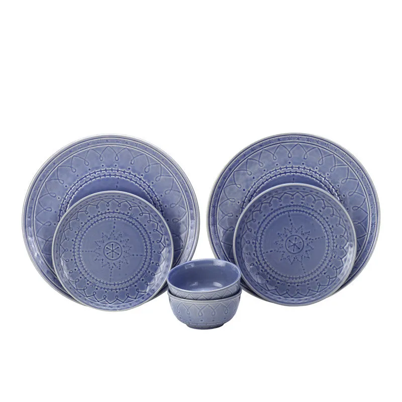 Stoneware Ceramic Dinner Set | 2 Dinner Plates, 2 Small Plate & 2 Bowl Katori | Mist Blue | Set of 6