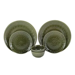 Stoneware Ceramic Dinner Set | 2 Dinner Plates, 2 Small Plate & 2 Bowl Katori | Moss Green | Set of 6