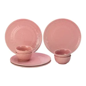 Stoneware Ceramic Dinner Set | 4 Dinner Plates & 4 Bowl Katori | Light Pink | Set of 8