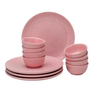 Stoneware Ceramic Dinner Set | 4 Dinner Plates & 8 Bowl Katori | Blush Pink | Set of 12