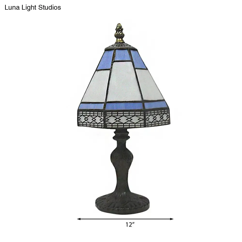 Tiffany Style Beige/Blue Conical Table Light - 1 Head Bedside Lighting