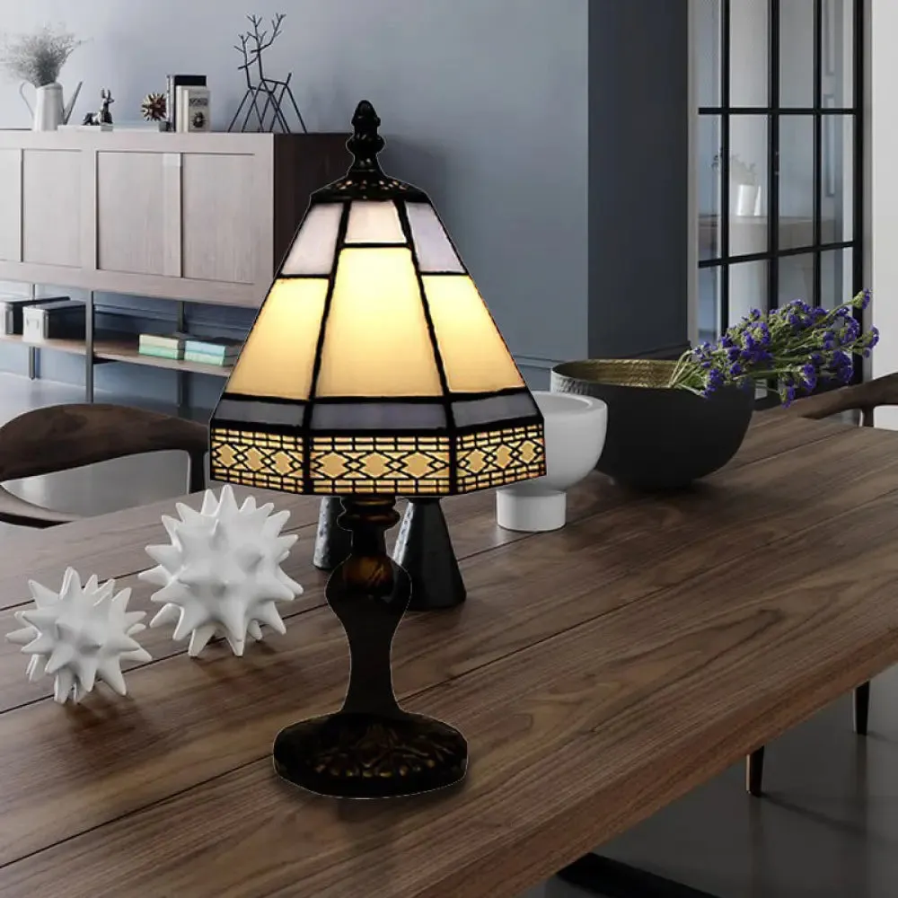 Tiffany Style Beige/Blue Conical Table Light - 1 Head Bedside Lighting