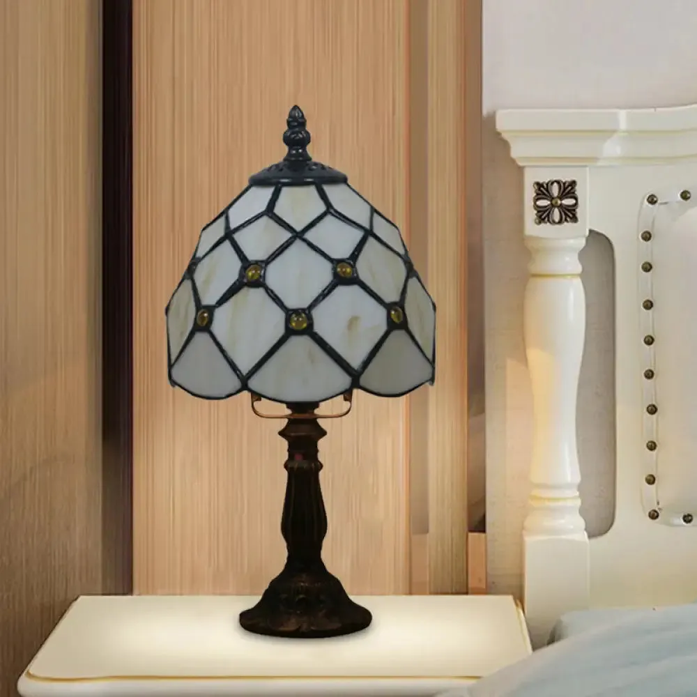 Tiffany Style Glass Nightstand Lamp - Bowl Shape, 1 Light - Beige/Red-Green-Pink - Bedroom Table Light