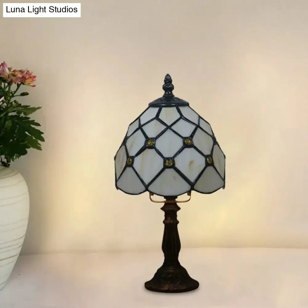 Tiffany Style Glass Nightstand Lamp - Bowl Shape, 1 Light - Beige/Red-Green-Pink - Bedroom Table Light
