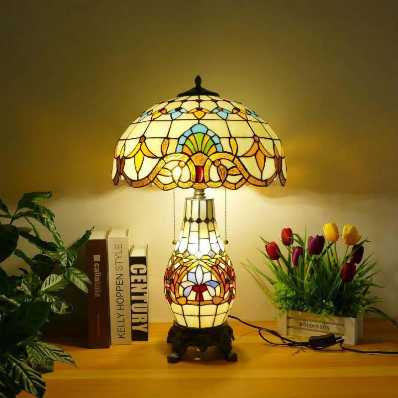 Traditional Tiffany Baroque Umbrella Resin Stained Glass 3-Light Table Lamp For Bedroom