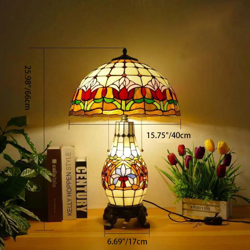 Traditional Tiffany Baroque Umbrella Resin Stained Glass 3-Light Table Lamp For Bedroom