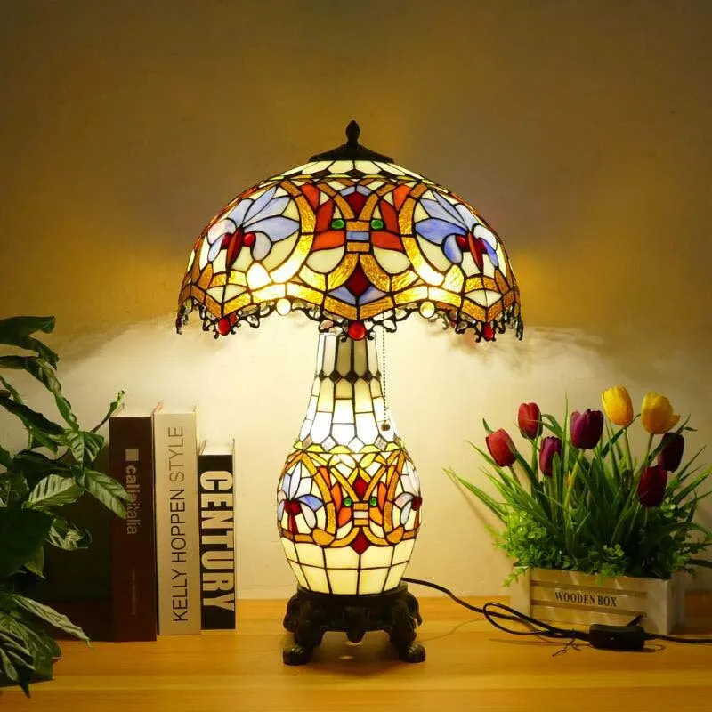 Traditional Tiffany Baroque Umbrella Resin Stained Glass 3-Light Table Lamp For Bedroom