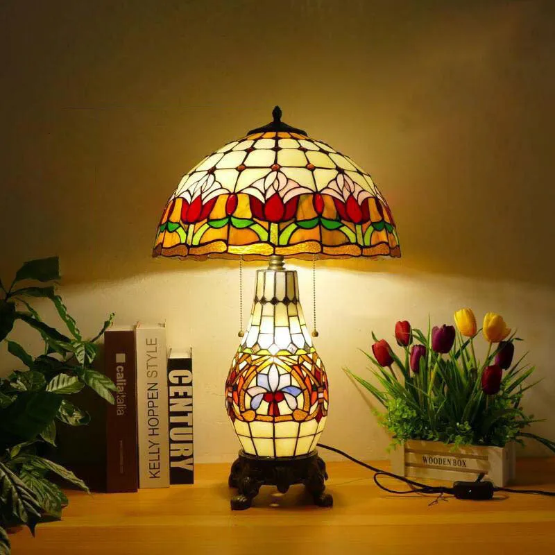 Traditional Tiffany Baroque Umbrella Resin Stained Glass 3-Light Table Lamp For Bedroom