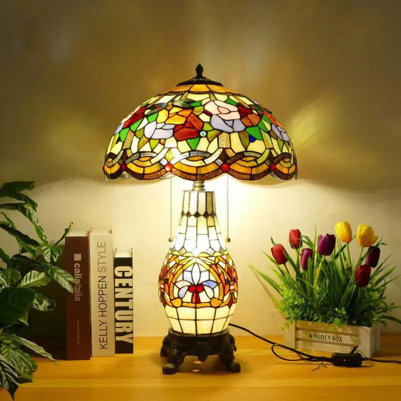 Traditional Tiffany Baroque Umbrella Resin Stained Glass 3-Light Table Lamp For Bedroom