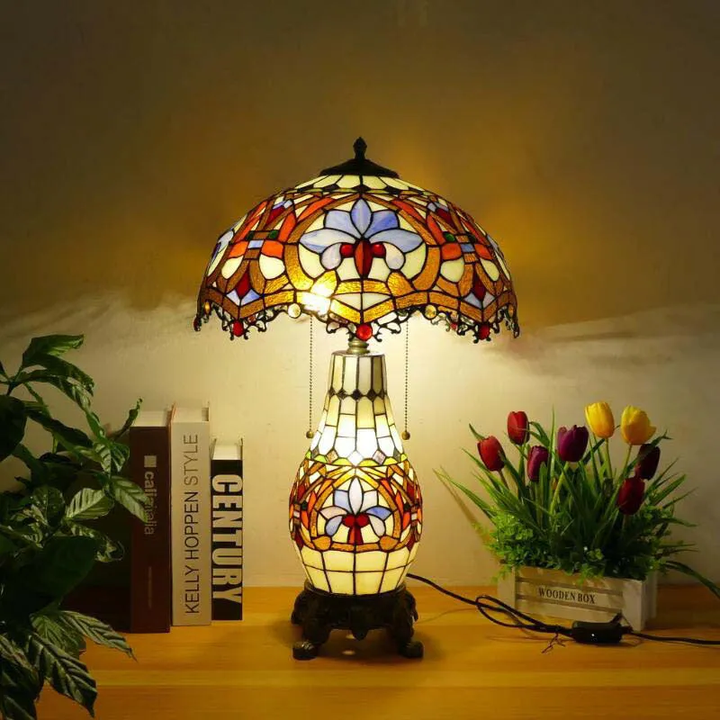Traditional Tiffany Baroque Umbrella Resin Stained Glass 3-Light Table Lamp For Bedroom