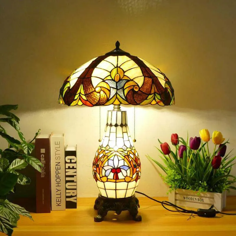 Traditional Tiffany Baroque Umbrella Resin Stained Glass 3-Light Table Lamp For Bedroom