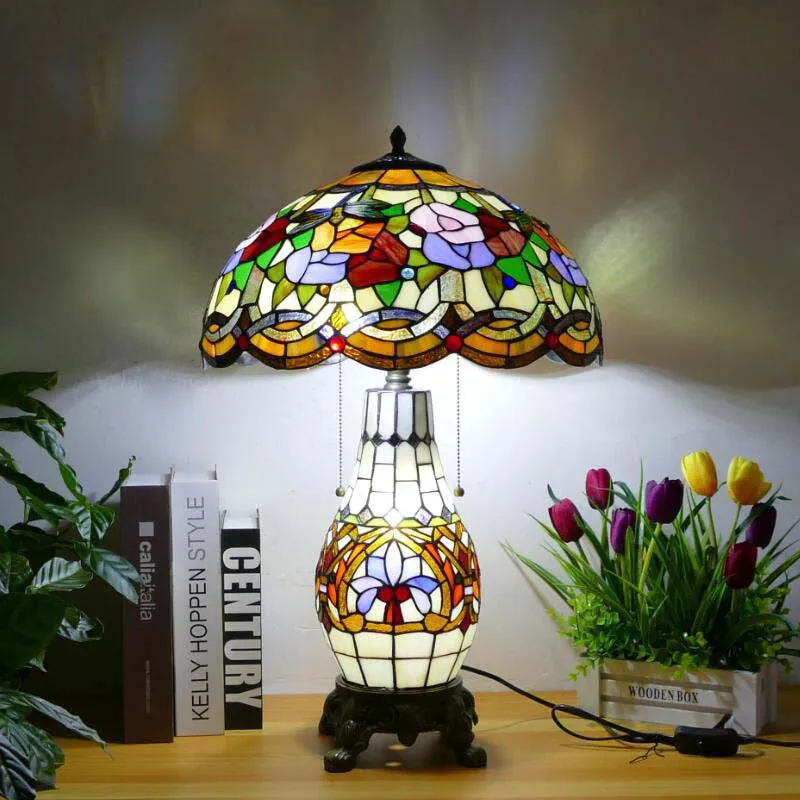 Traditional Tiffany Baroque Umbrella Resin Stained Glass 3-Light Table Lamp For Bedroom