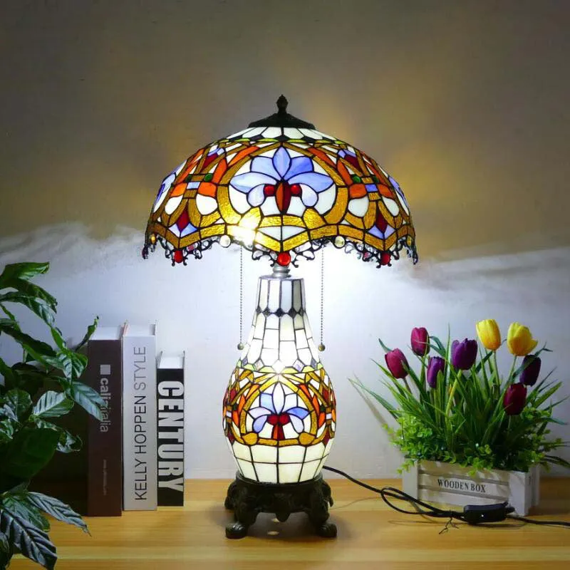 Traditional Tiffany Baroque Umbrella Resin Stained Glass 3-Light Table Lamp For Bedroom