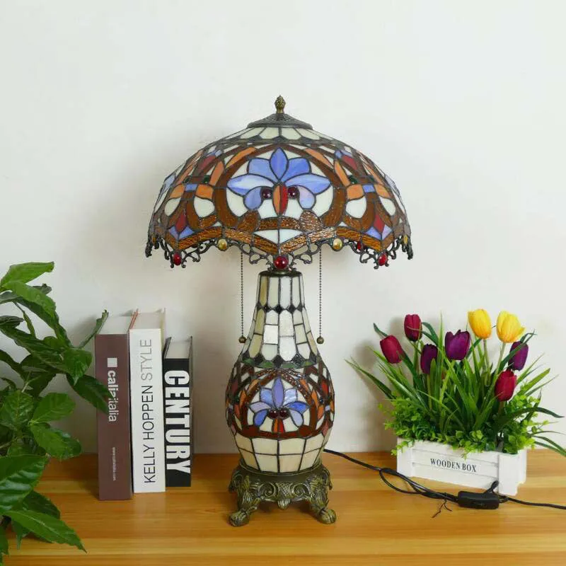 Traditional Tiffany Baroque Umbrella Resin Stained Glass 3-Light Table Lamp For Bedroom
