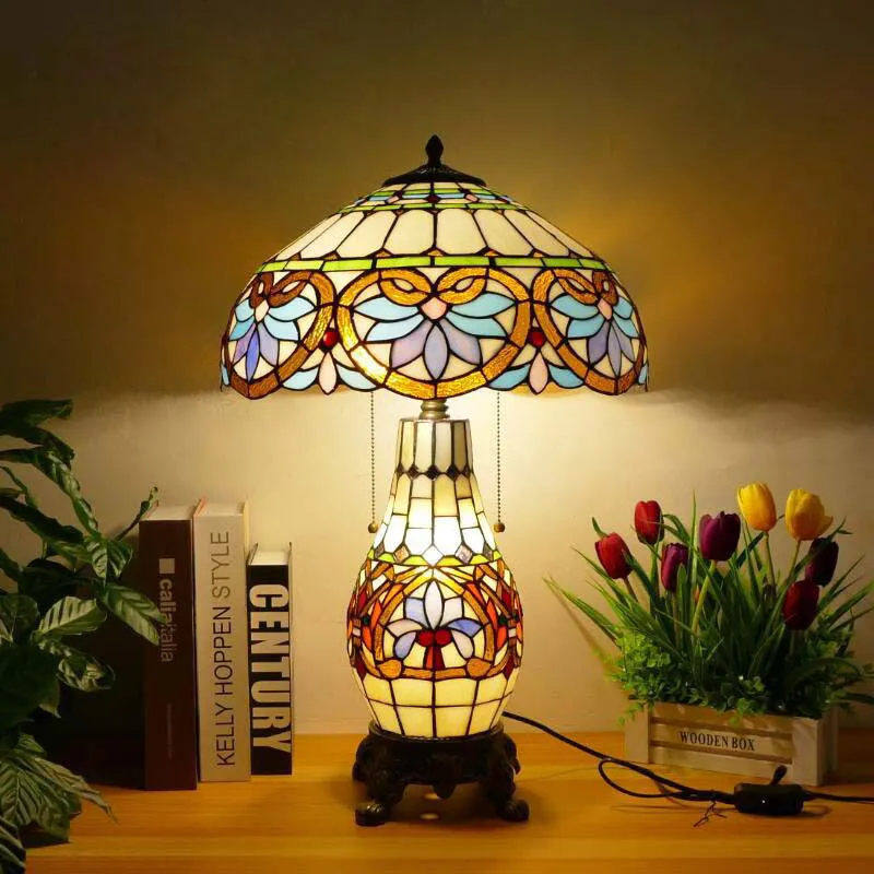 Traditional Tiffany Baroque Umbrella Resin Stained Glass 3-Light Table Lamp For Bedroom