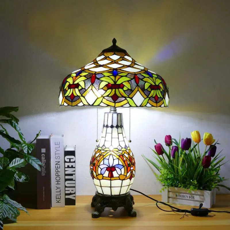 Traditional Tiffany Baroque Umbrella Resin Stained Glass 3-Light Table Lamp For Bedroom