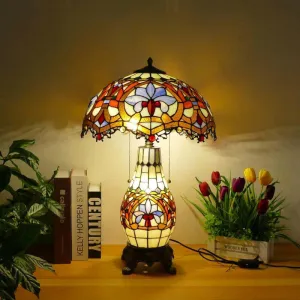 Traditional Tiffany Baroque Umbrella Resin Stained Glass 3-Light Table Lamp For Bedroom