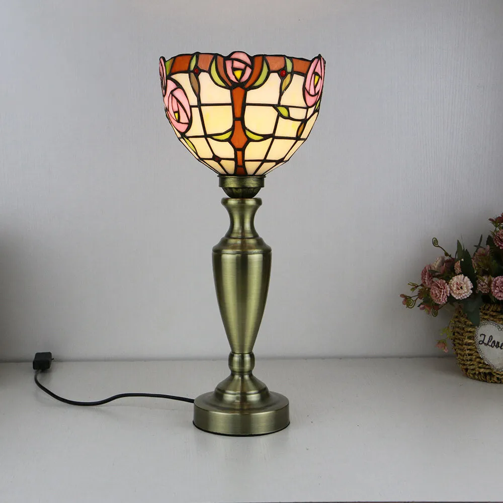 Traditional Tiffany European Floral Stained Glass Bowl Design 1-Light Table Lamp For Home Office