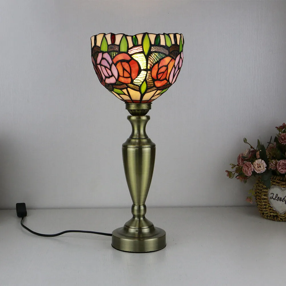 Traditional Tiffany European Floral Stained Glass Bowl Design 1-Light Table Lamp For Home Office