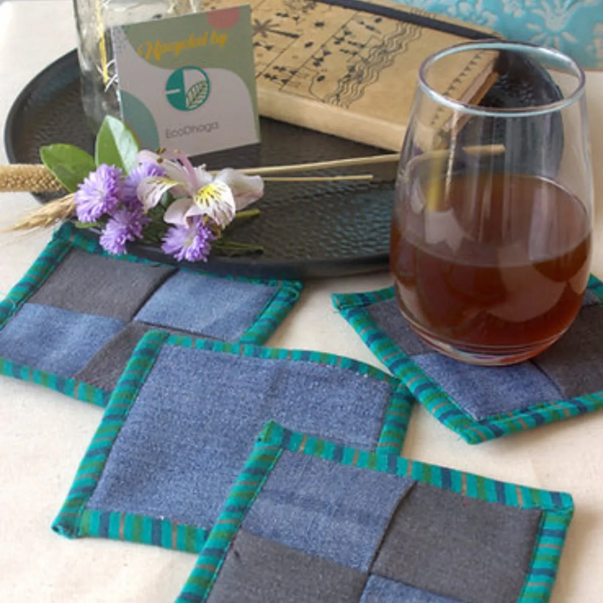 Upcycled Denim Coaster Set (x4)- Blue Green Piping