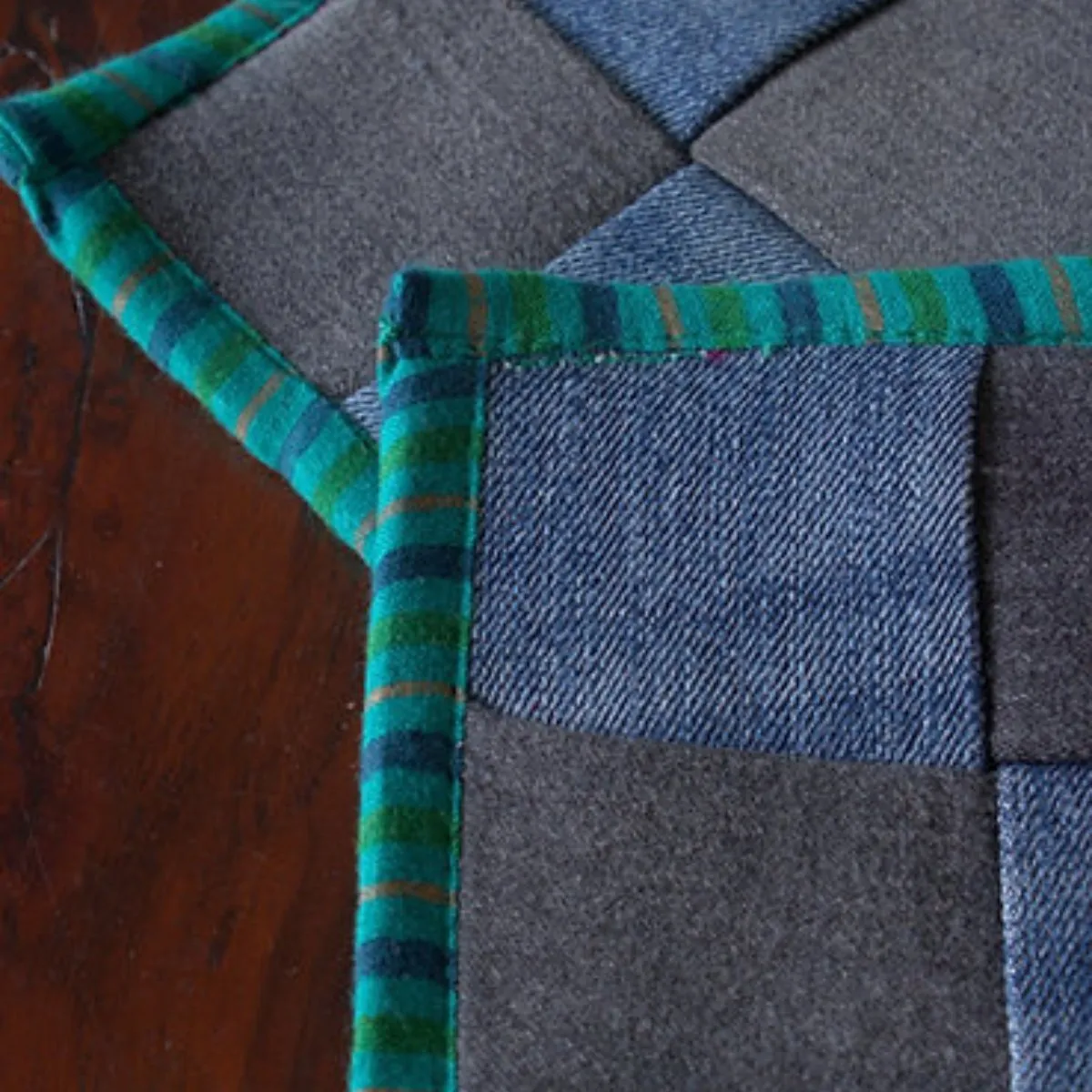 Upcycled Denim Coaster Set (x4)- Blue Green Piping