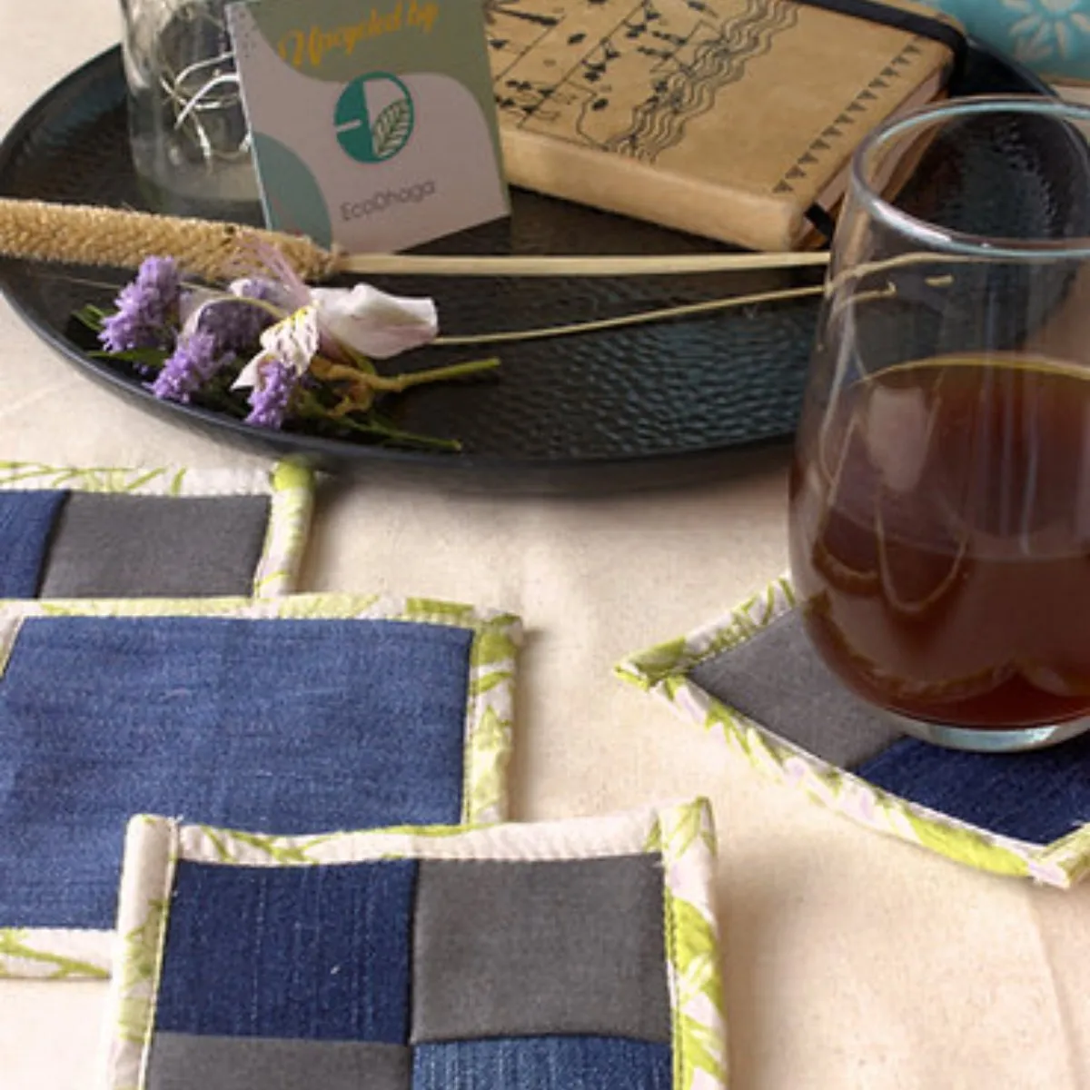 Upcycled Denim Coaster Set (x4)- Denim Blue & Grey