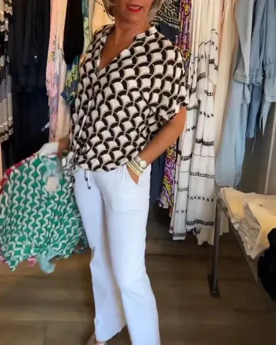 Vienna  Geometric Print V-Neck Top