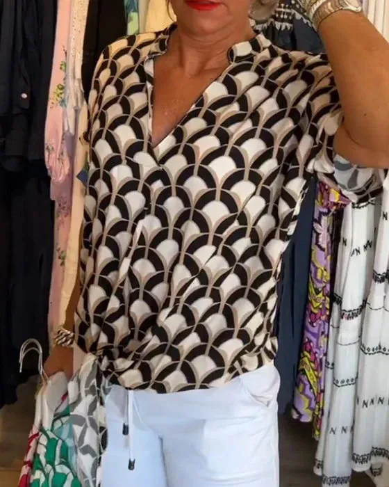 Vienna  Geometric Print V-Neck Top