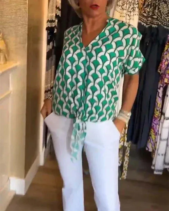Vienna  Geometric Print V-Neck Top