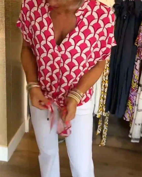 Vienna  Geometric Print V-Neck Top