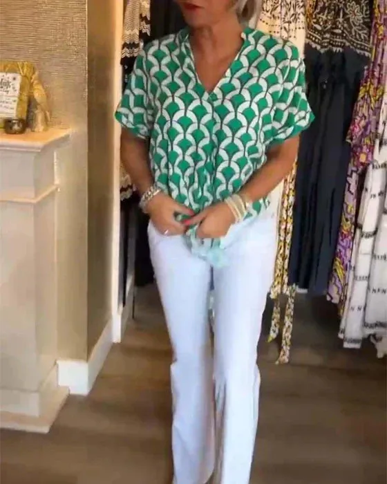 Vienna  Geometric Print V-Neck Top