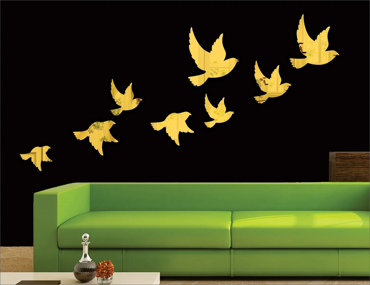Wall1ders 8 Flock Birds, Mirror Stickers for Wall, Acrylic Mirror Wall Decor Sticker, Wall Mirror Stickers, Acrylic Stickers, Wall Stickers for Hall Room, Bed Room, Kitchen. (Golden)