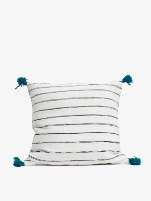 White Cotton Scribble Stripe Square Cushion Cover, Blue
