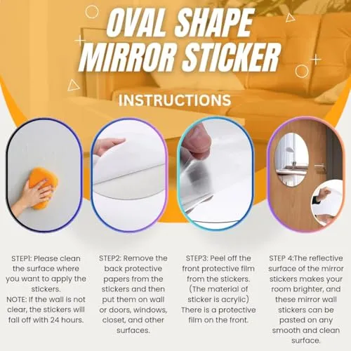 wolkwogg Oval Shape Adhesive Mirror Sticker for Wall on Tiles Bathroom Bedroom Living Room Basin Mirror Bathroom Wall Mirror Stickers Unbreakable Plastic Wall Mirror New (3)