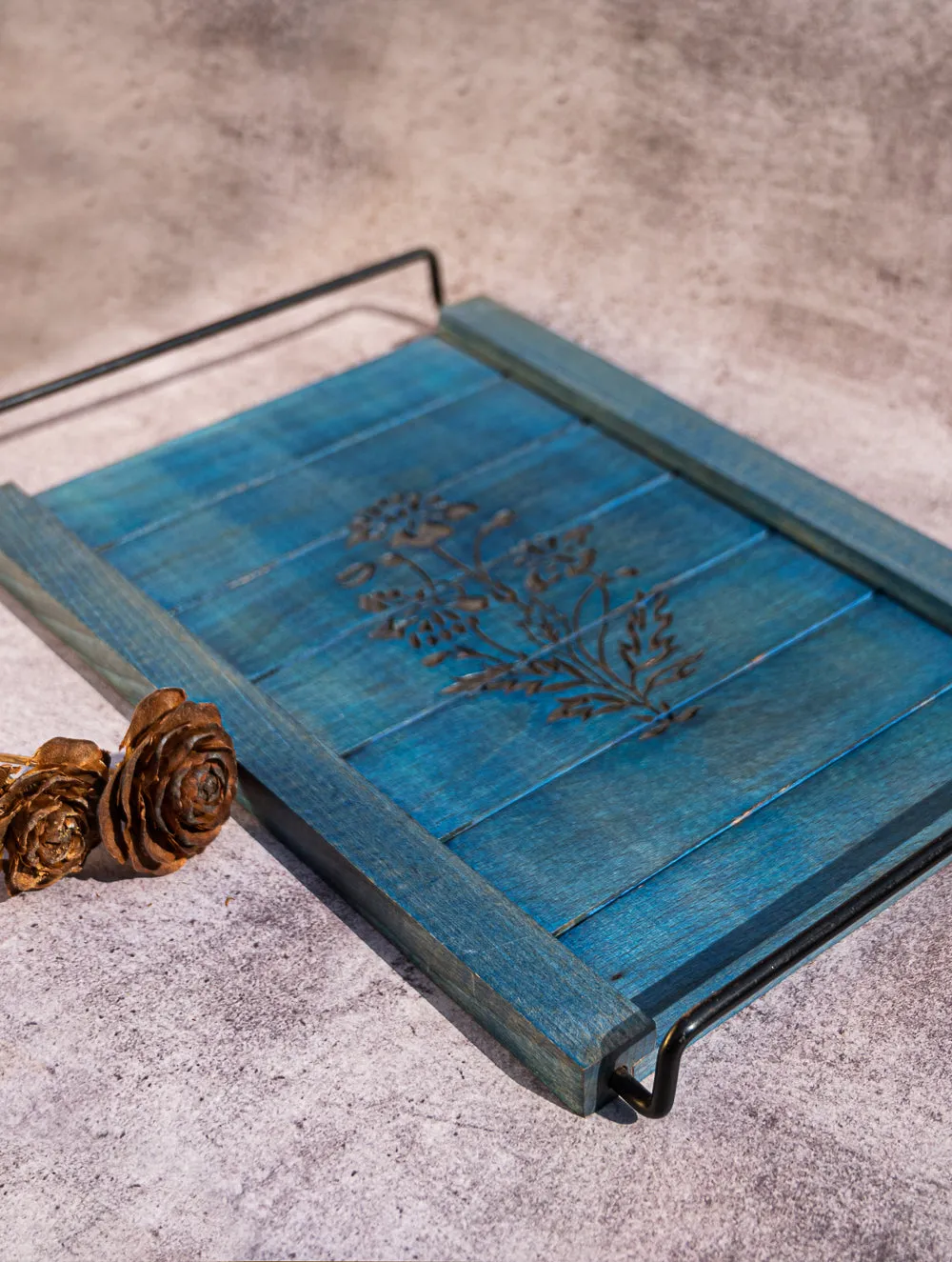 Wood Engraved Floral Tray - Blue Flower