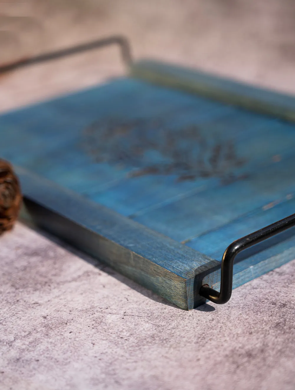 Wood Engraved Floral Tray - Blue Flower