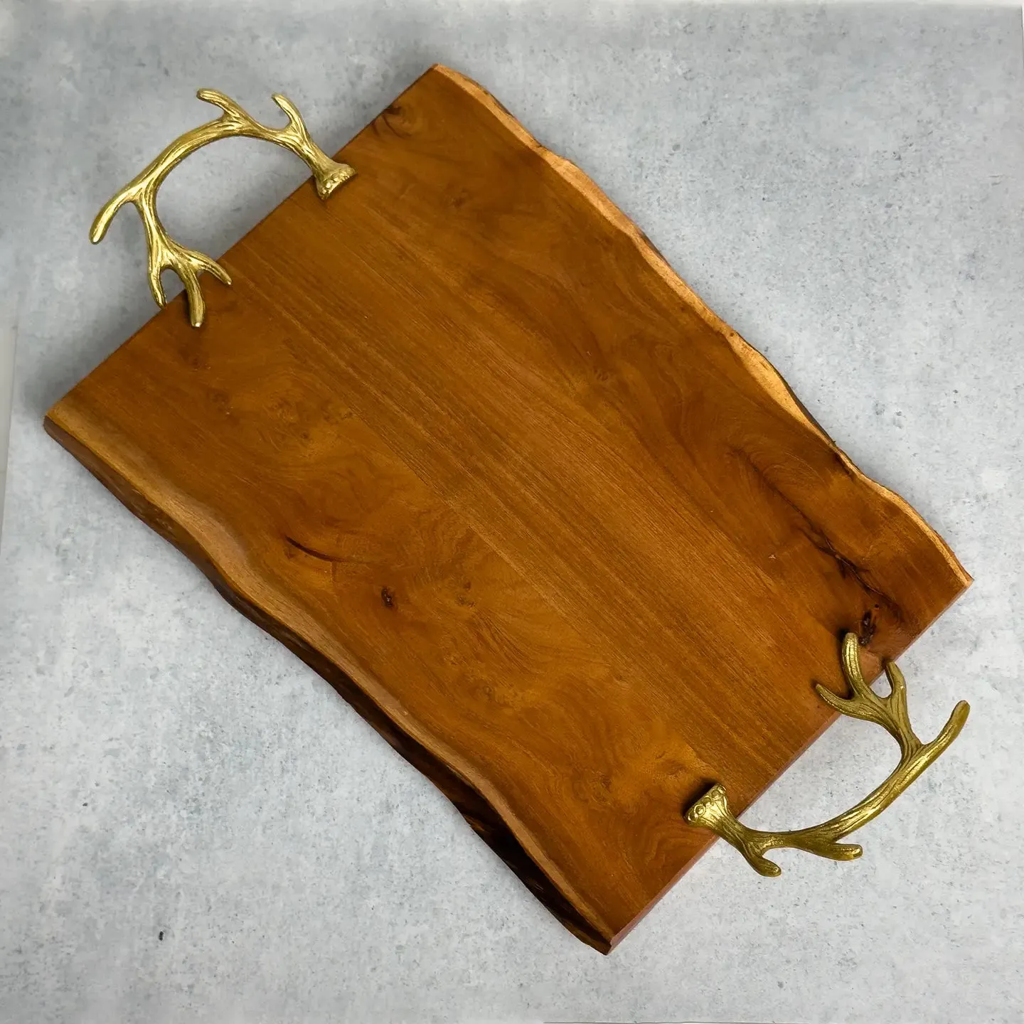 Wood Tray with Gold Antler Handles