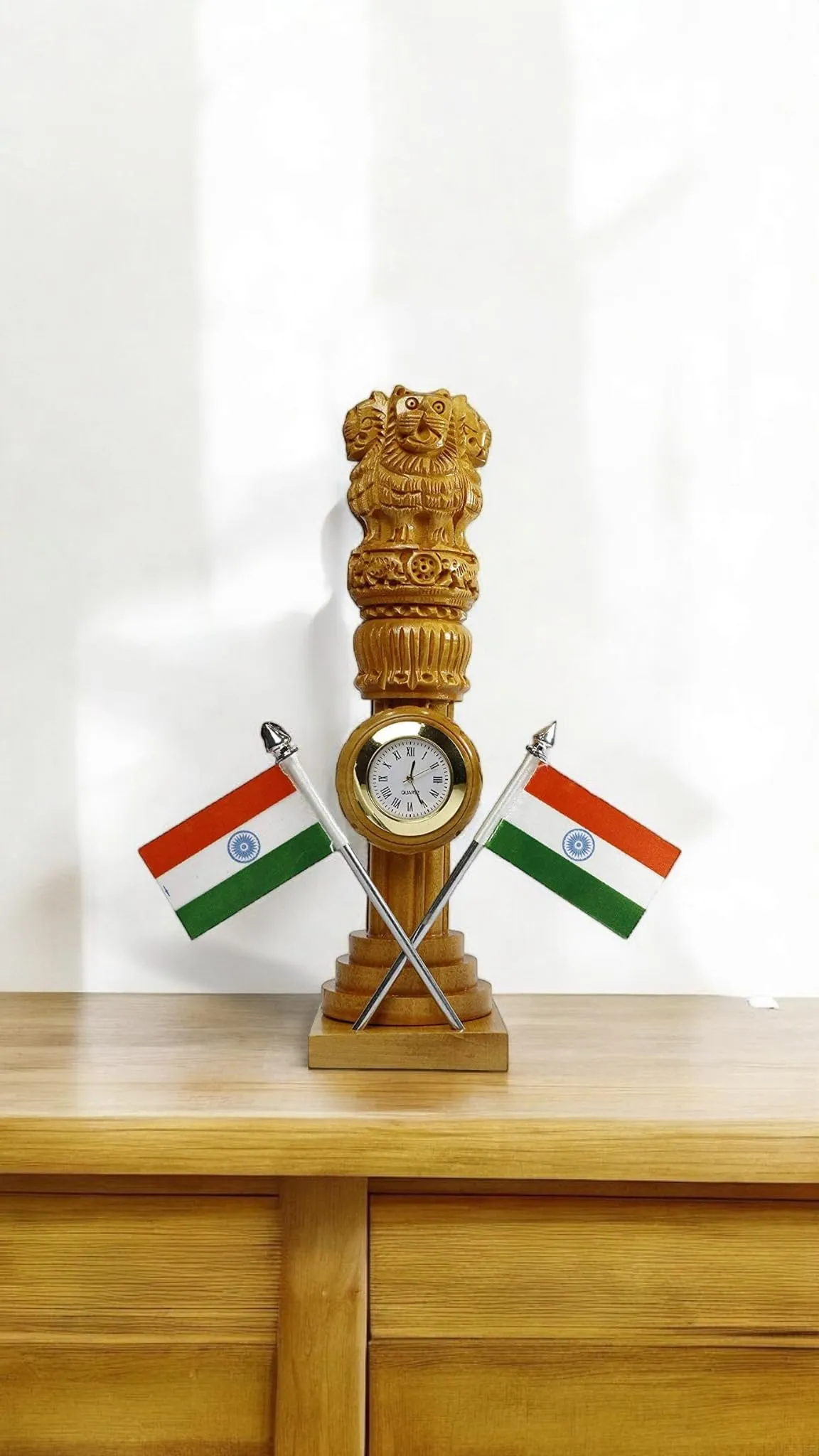 Wooden Carved Ashoka Stambh Pillar with 2 Flags & Analog Clock for Office and Study Table Ii Brown Color Pack of 1 (2.2Wx2.2Lx6H Inches)