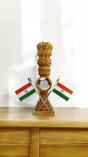 Wooden Carved Ashoka Stambh Pillar with 2 Flags & Analog Clock for Office and Study Table Ii Brown Color Pack of 1 (2.2Wx2.2Lx6H Inches)