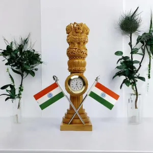 Wooden Carved Ashoka Stambh Pillar with 2 Flags & Analog Clock for Office and Study Table Ii Brown Color Pack of 1 (2.4Wx2.4Lx8.5H Inches)