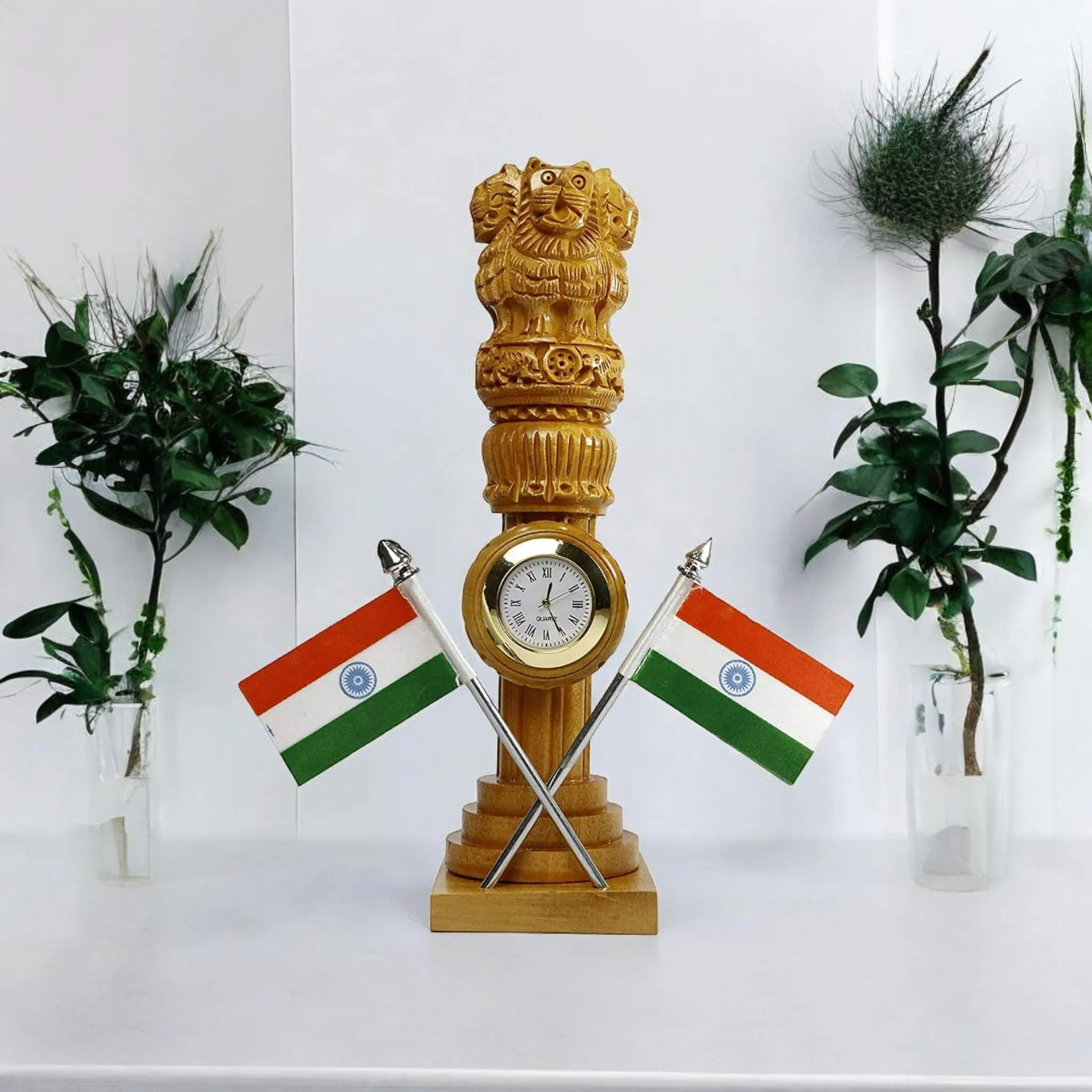 Wooden Carved Ashoka Stambh Pillar with 2 Flags & Analog Clock for Office and Study Table Ii Brown Color Pack of 1 (2.4Wx2.4Lx8.5H Inches)